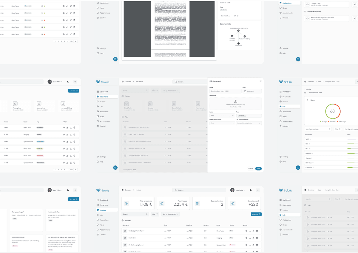 Salutis dashboard interface details and components